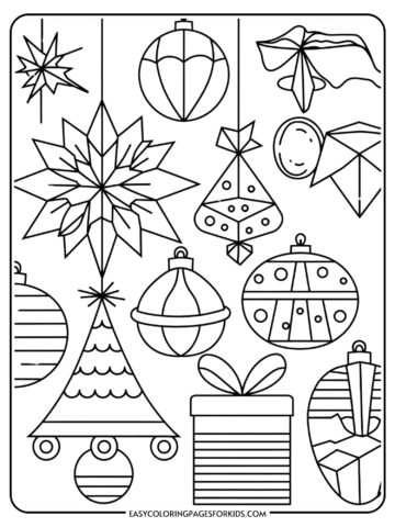 Coloring page featuring various Christmas decorations including ornaments, a Christmas tree, presents, and snowflakes, designed for children's creative activities.