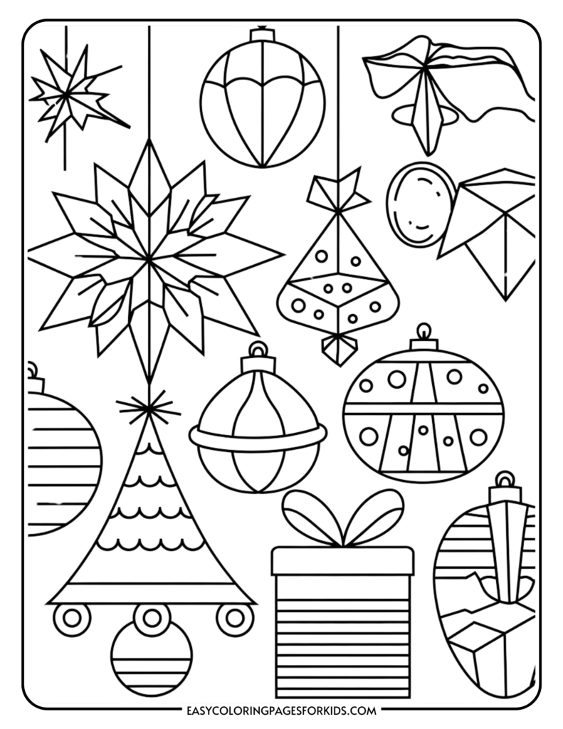 Coloring page featuring various Christmas decorations including ornaments, a Christmas tree, presents, and snowflakes, designed for children's creative activities.