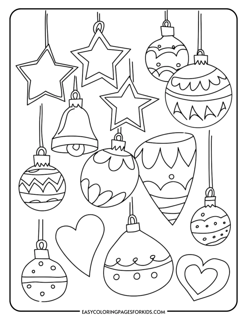 Black and white coloring page featuring various Christmas ornaments, including stars, bells, and hearts, designed for kids to color during the holiday season.