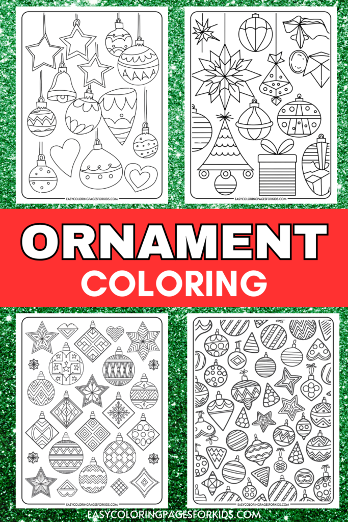 Coloring pages featuring various Christmas ornaments, including stars, bells, and decorated baubles, designed for children to color creatively.