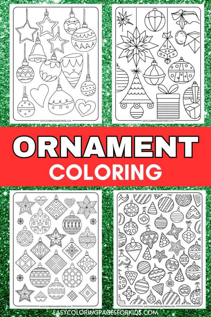 Coloring pages featuring various Christmas ornaments, including stars, bells, and decorated baubles, designed for children to color creatively.