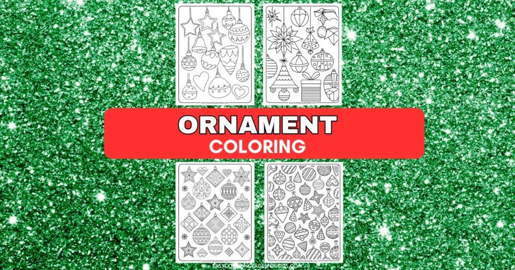 Coloring pages featuring various holiday ornaments, including stars, hearts, and Christmas decorations, set against a sparkling green background. Ideal for festive activities and creativity.