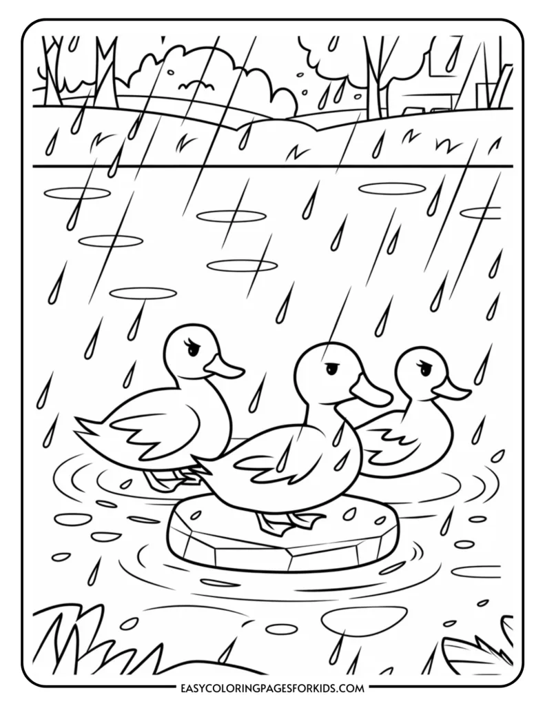 Three cartoon ducks floating on a small platform in a pond, surrounded by rain and trees, designed for coloring activities.