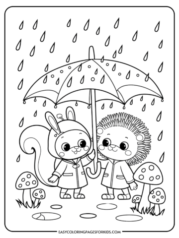 A cute squirrel and hedgehog sharing an umbrella in the rain, surrounded by mushrooms and raindrops, perfect for a children's coloring page.