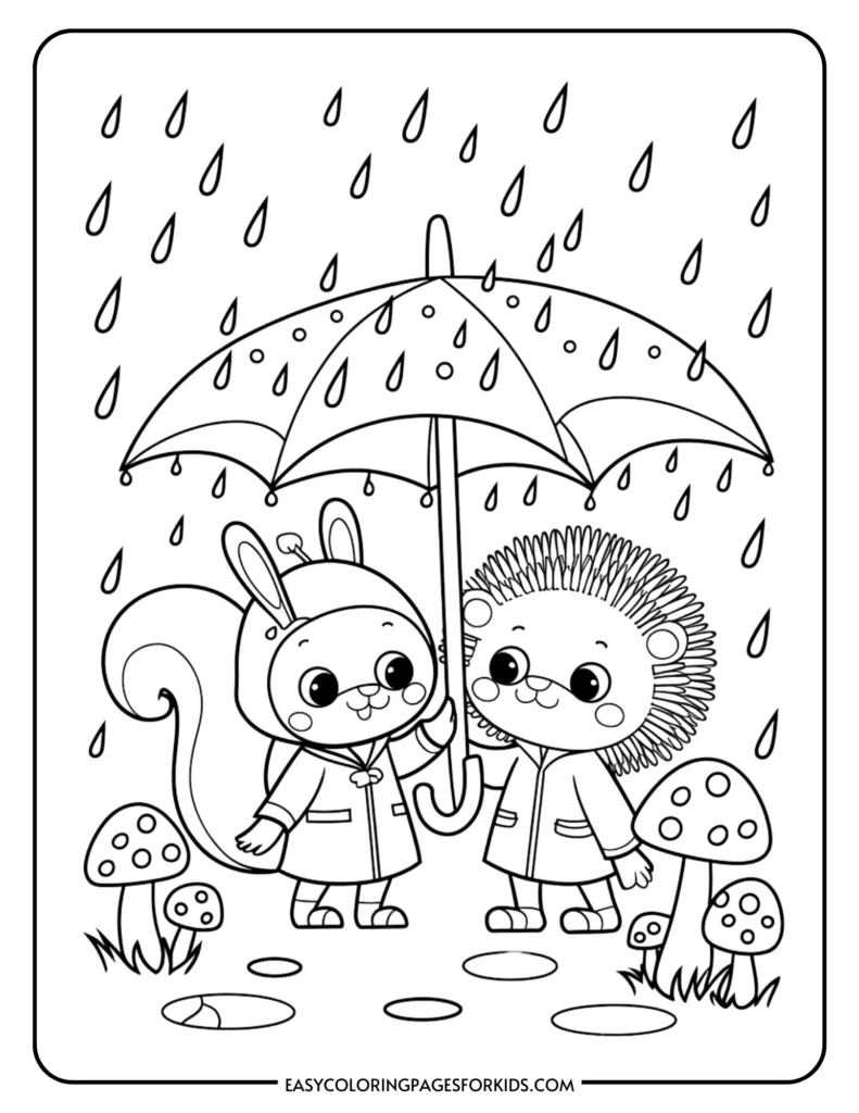 A cute squirrel and hedgehog sharing an umbrella in the rain, surrounded by mushrooms and raindrops, perfect for a children's coloring page.