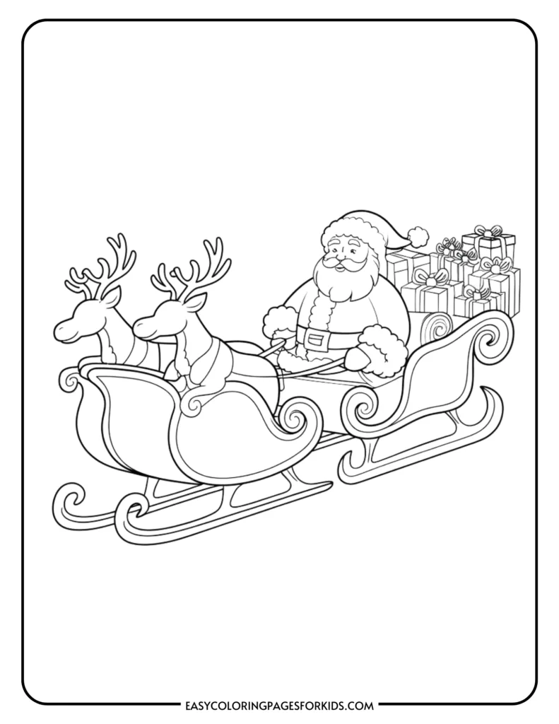 Black and white coloring page featuring Santa Claus in a sleigh pulled by two reindeer, surrounded by wrapped gifts. Ideal for children's holiday-themed activities.