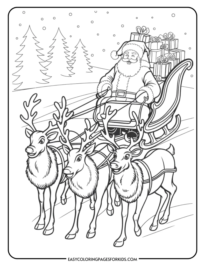 Santa Claus riding a sleigh pulled by reindeer, surrounded by snow-covered trees and gifts, in a festive coloring page for kids.