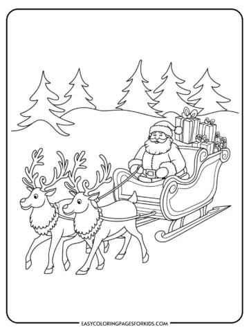 Black and white coloring page featuring Santa Claus in a sleigh pulled by two reindeer, surrounded by Christmas trees and presents. Ideal for holiday-themed arts and crafts for kids.