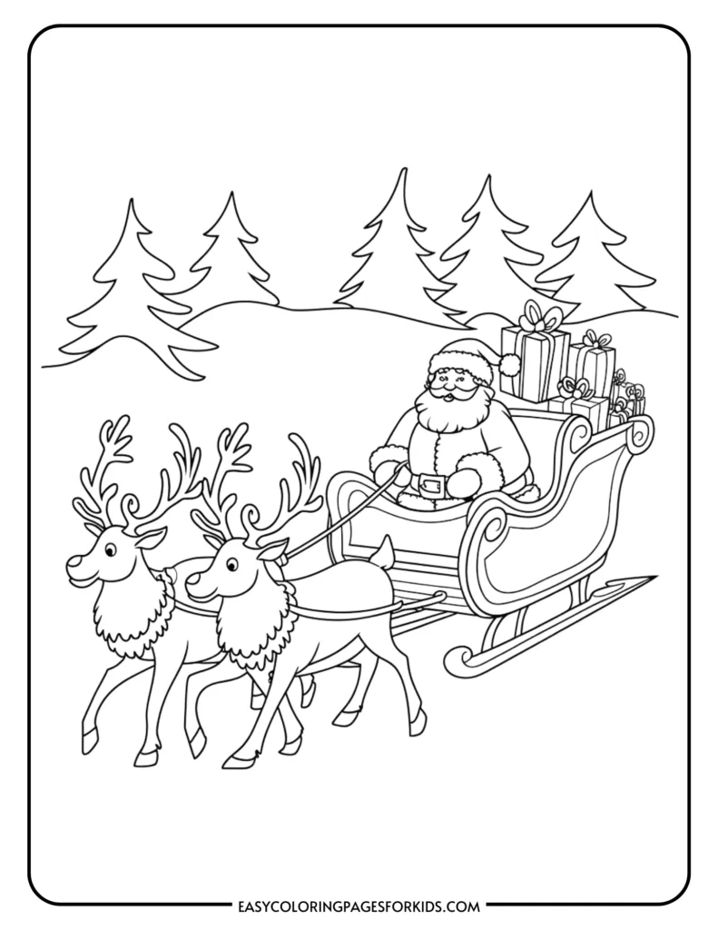 Black and white coloring page featuring Santa Claus in a sleigh pulled by two reindeer, surrounded by Christmas trees and presents. Ideal for holiday-themed arts and crafts for kids.