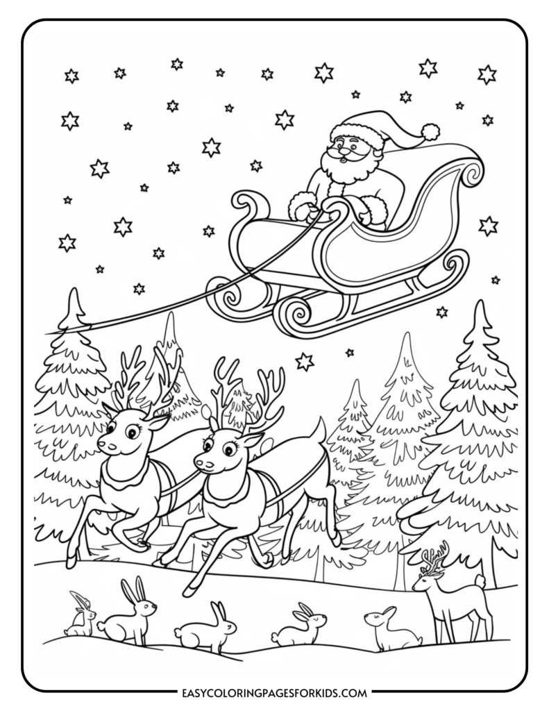 Santa Claus flying in a sleigh pulled by reindeer, surrounded by pine trees and rabbits, under a starry sky. Perfect for holiday-themed coloring activities for kids.