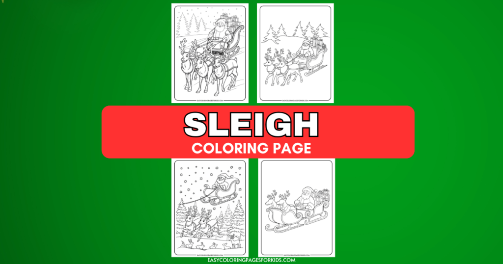 Sleigh coloring page featuring four festive illustrations of Santa Claus, reindeer, and snowy landscapes, ideal for holiday-themed arts and crafts for kids.