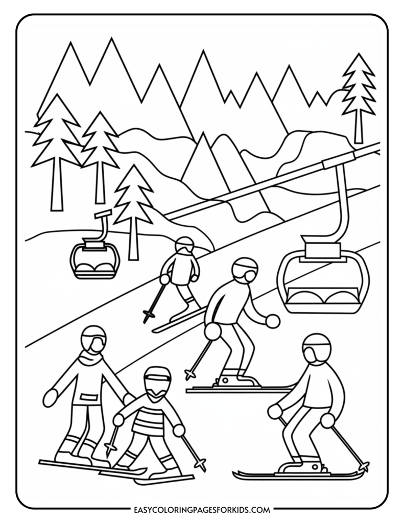 Skiers enjoying a winter sports day at a mountain resort, featuring a ski lift, snow-covered trees, and scenic mountain views.