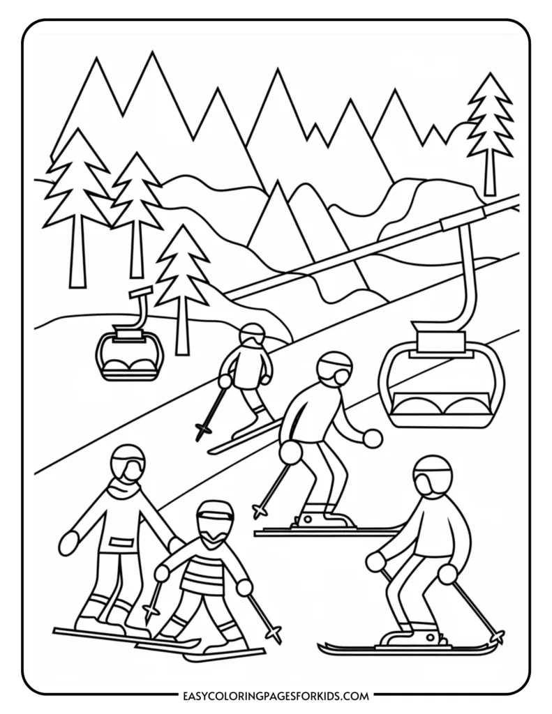 Skiers enjoying a winter sports day at a mountain resort, featuring a ski lift, snow-covered trees, and scenic mountain views.