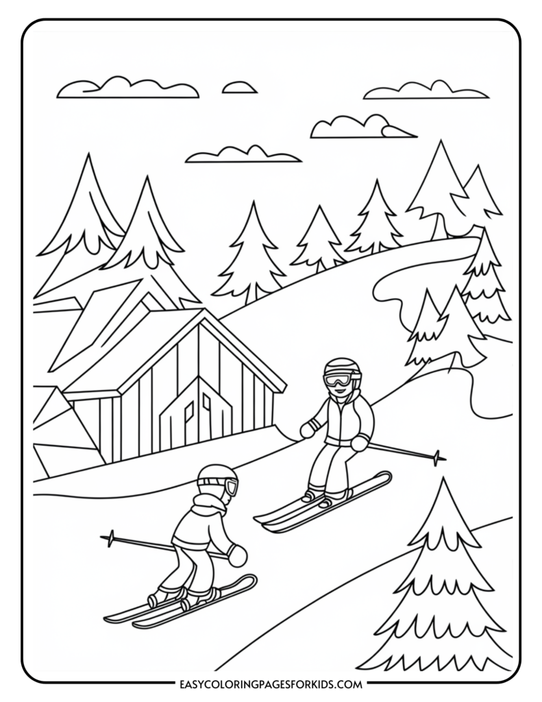 Two skiers navigating a snowy slope with a cozy cabin and pine trees in the background, ideal for a winter-themed coloring activity for kids.