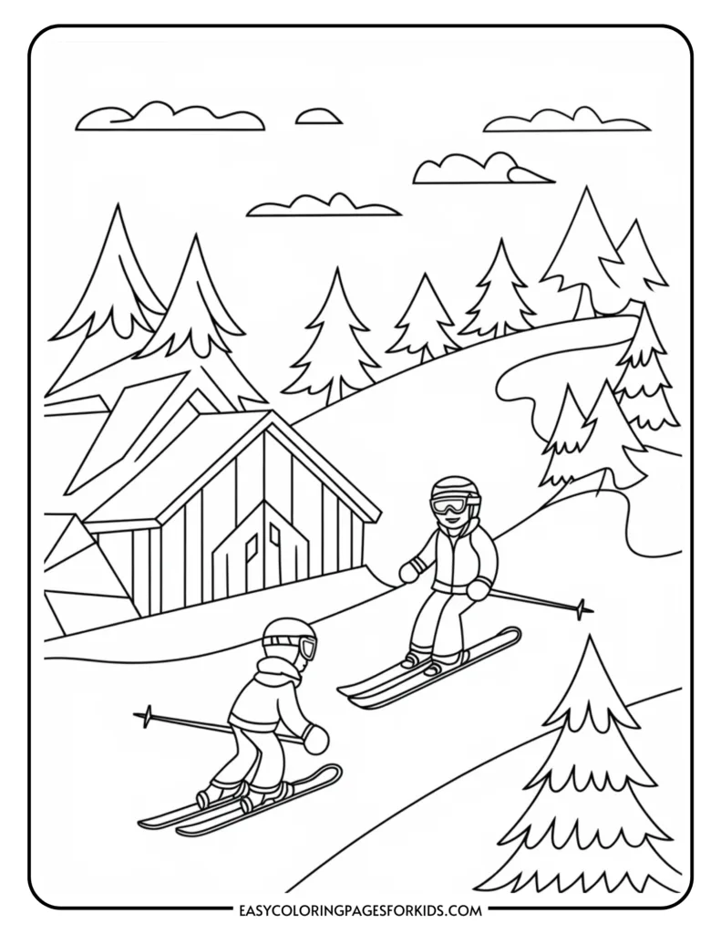 Two skiers navigating a snowy slope with a cozy cabin and pine trees in the background, ideal for a winter-themed coloring activity for kids.