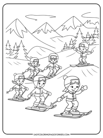 A black and white coloring page featuring children skiing on a snowy mountain landscape, with trees and hills in the background, designed for kids' creative activities.