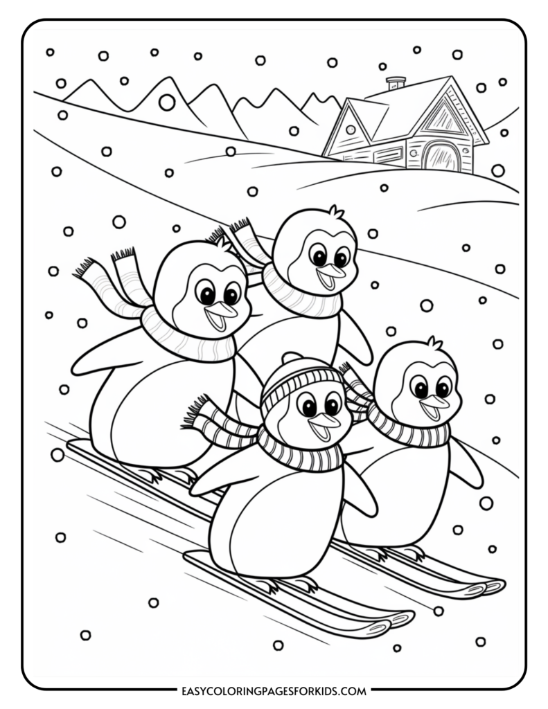 Three cheerful penguins skiing down a snowy slope, wearing colorful scarves, with a cozy cabin and mountains in the background. Perfect for a winter-themed coloring activity for kids.