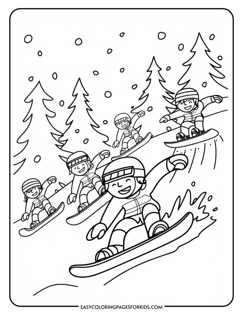 Coloring page featuring children snowboarding down a snowy hill surrounded by pine trees, capturing a fun winter scene with playful characters. Ideal for kids' winter-themed activities.