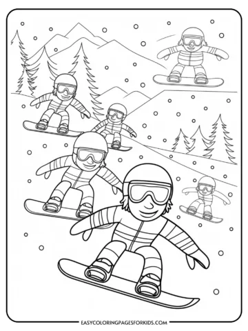 Coloring page featuring kids snowboarding in a winter landscape with mountains, trees, and snowflakes. Engaging activity for children to enhance creativity and fine motor skills.