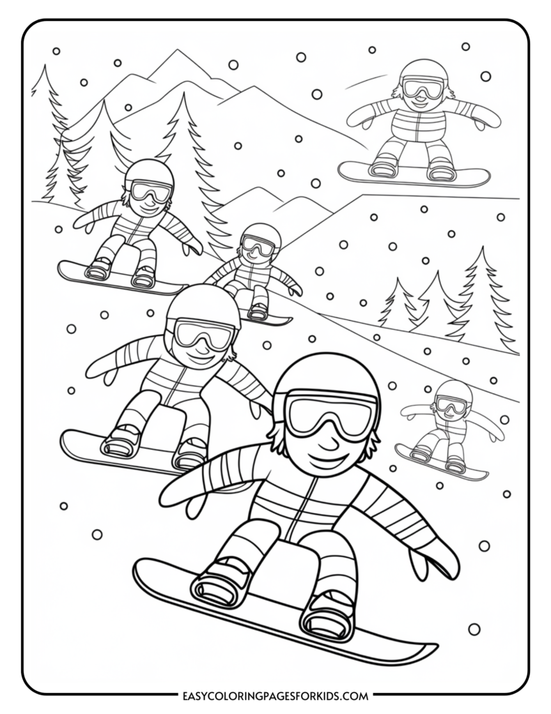 Coloring page featuring kids snowboarding in a winter landscape with mountains, trees, and snowflakes. Engaging activity for children to enhance creativity and fine motor skills.