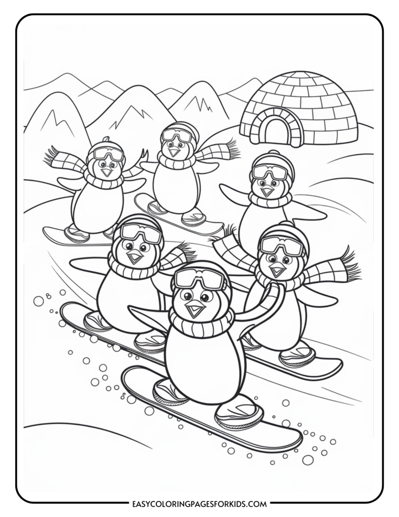 Coloring page featuring playful penguins skiing and snowboarding in a winter landscape with mountains and an igloo, perfect for kids' creative activities.