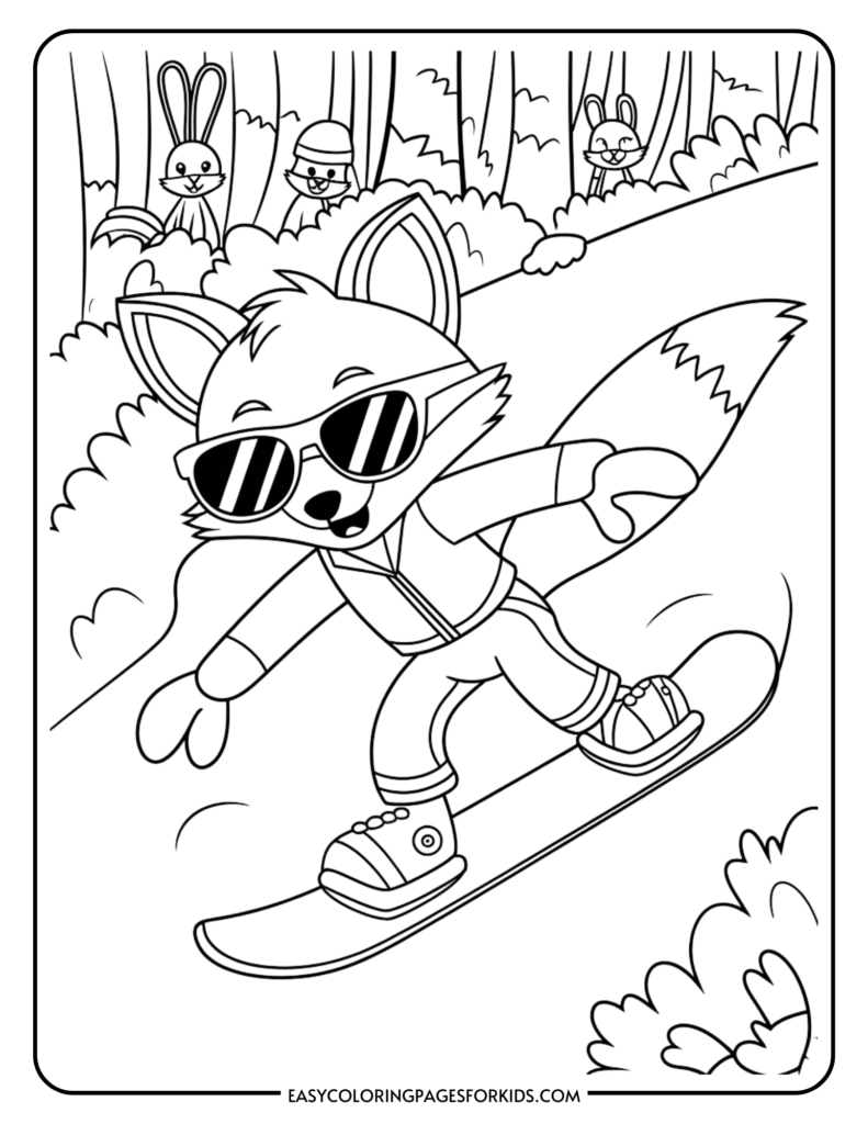 A cartoon fox wearing sunglasses and a jacket is snowboarding down a hill, surrounded by playful rabbits and an otter in a forest setting, ideal for a children's coloring activity.