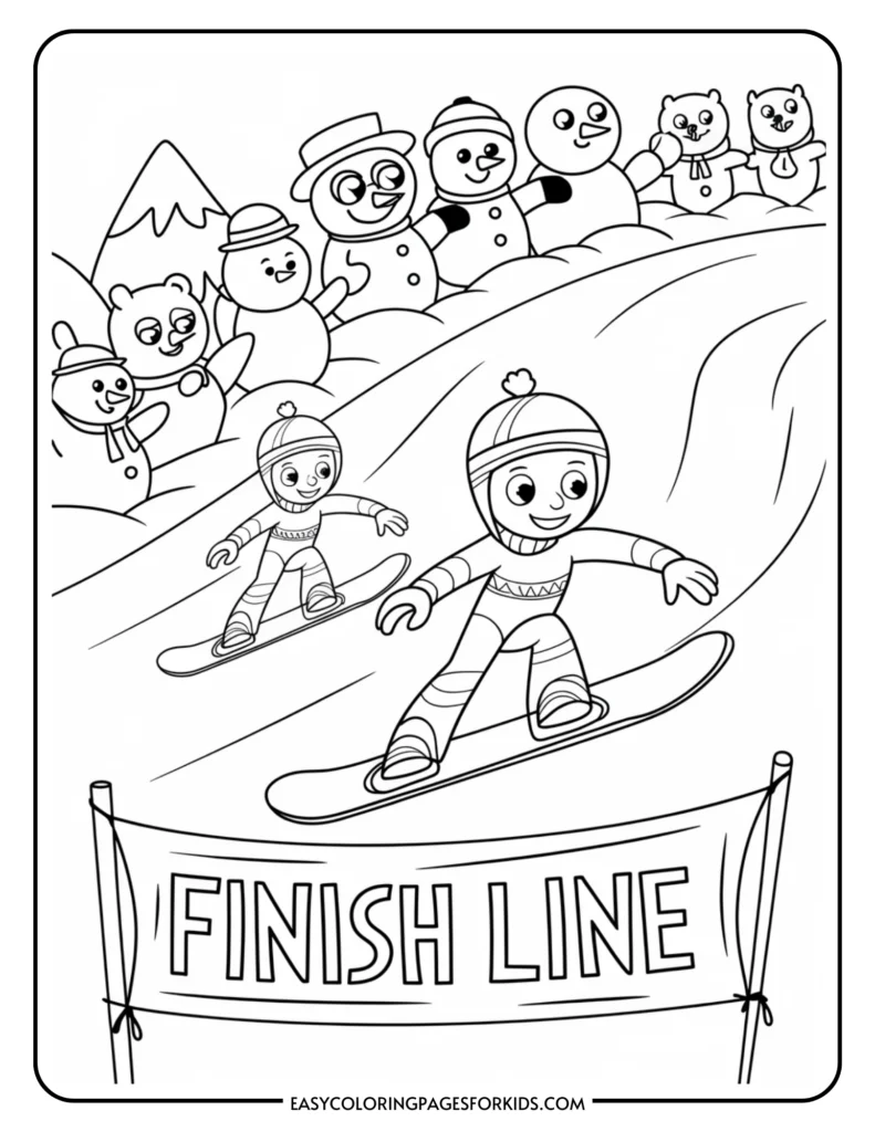 Coloring page featuring two children snowboarding towards a finish line, surrounded by cheerful snowmen and bears in a winter landscape. Ideal for winter-themed activities for kids.