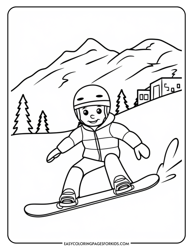 A cheerful child snowboarding down a snowy mountain slope, surrounded by pine trees and a cozy cabin in the background, perfect for a winter-themed coloring activity.