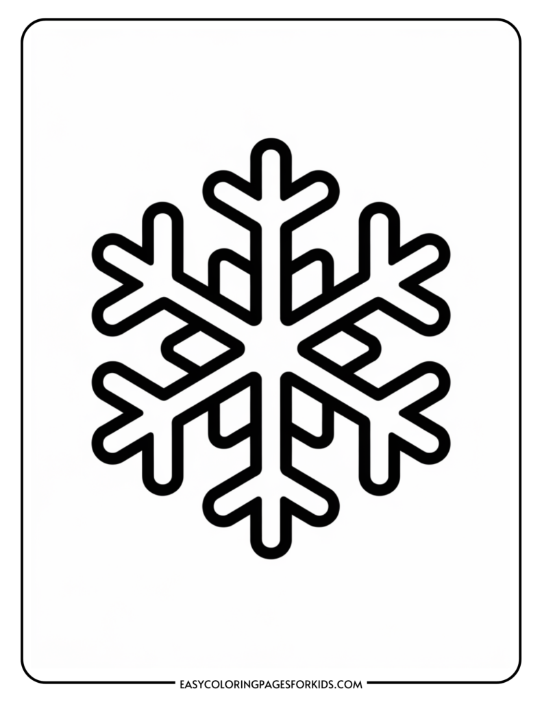 Black and white snowflake outline illustration suitable for coloring activities for kids, featuring symmetrical designs and clear lines for easy coloring.