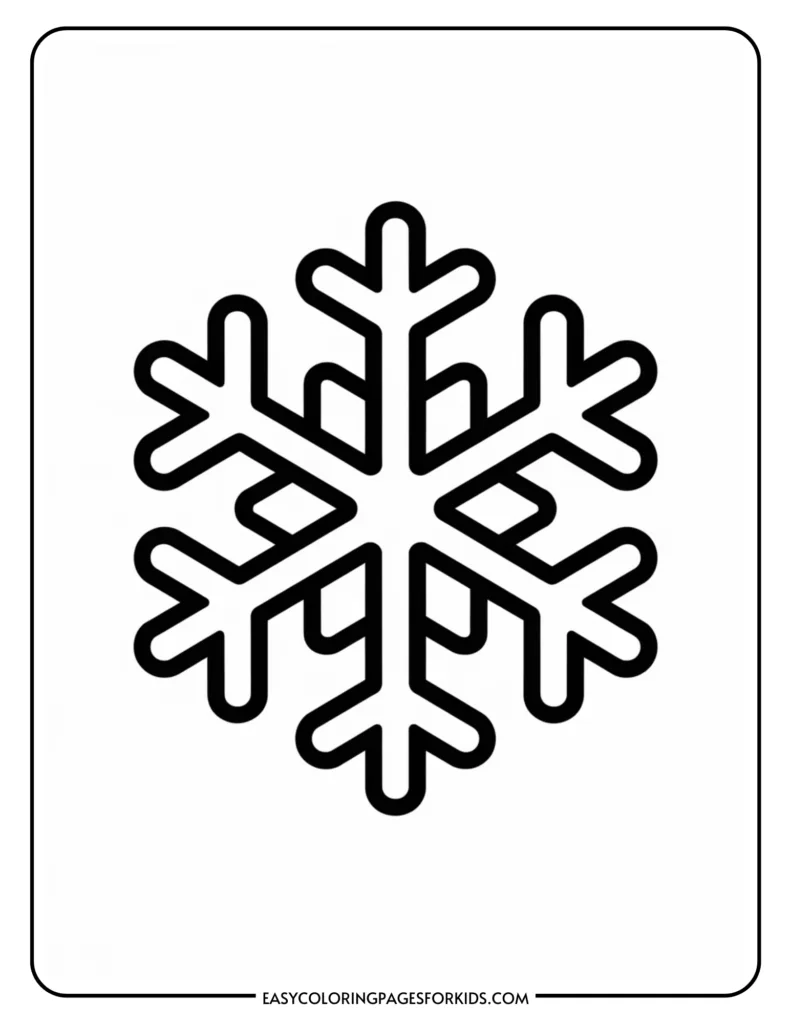 Black and white snowflake outline illustration suitable for coloring activities for kids, featuring symmetrical designs and clear lines for easy coloring.