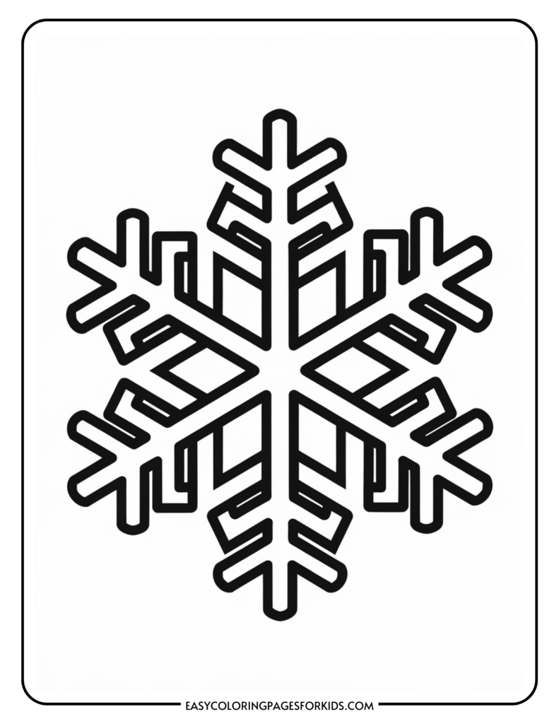 Black and white outline of a snowflake, suitable for coloring activities for kids. Ideal for winter-themed crafts and educational projects.