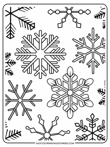 Winter-themed coloring page featuring various snowflake designs and decorative elements, ideal for kids' art activities and holiday crafts.