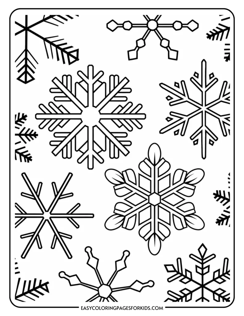 Winter-themed coloring page featuring various snowflake designs and decorative elements, ideal for kids' art activities and holiday crafts.