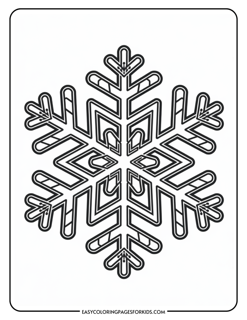 Black and white outline illustration of a snowflake design, suitable for coloring activities. Ideal for kids' winter-themed art projects and printable coloring pages.