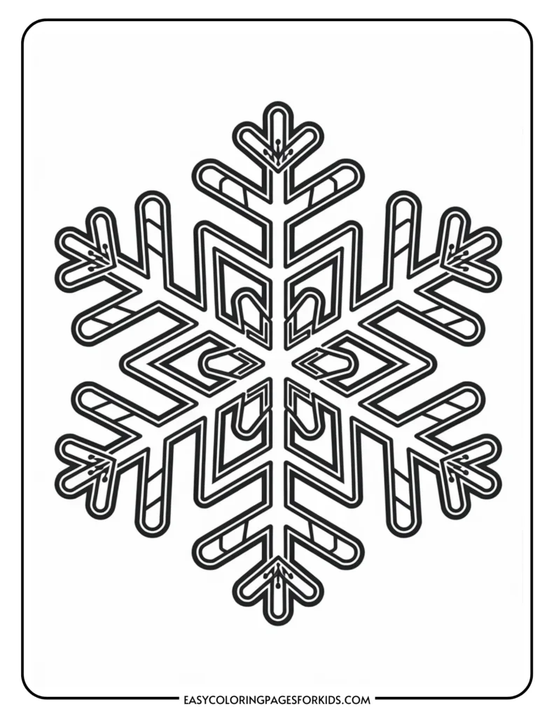 Black and white outline illustration of a snowflake design, suitable for coloring activities. Ideal for kids' winter-themed art projects and printable coloring pages.