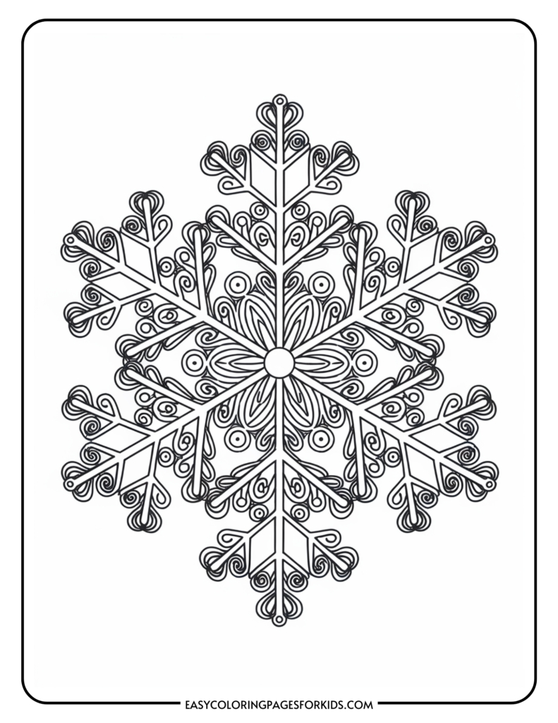 Intricate black and white snowflake coloring page designed for kids, featuring detailed patterns and shapes to enhance creativity and fine motor skills. Ideal for winter-themed art activities.