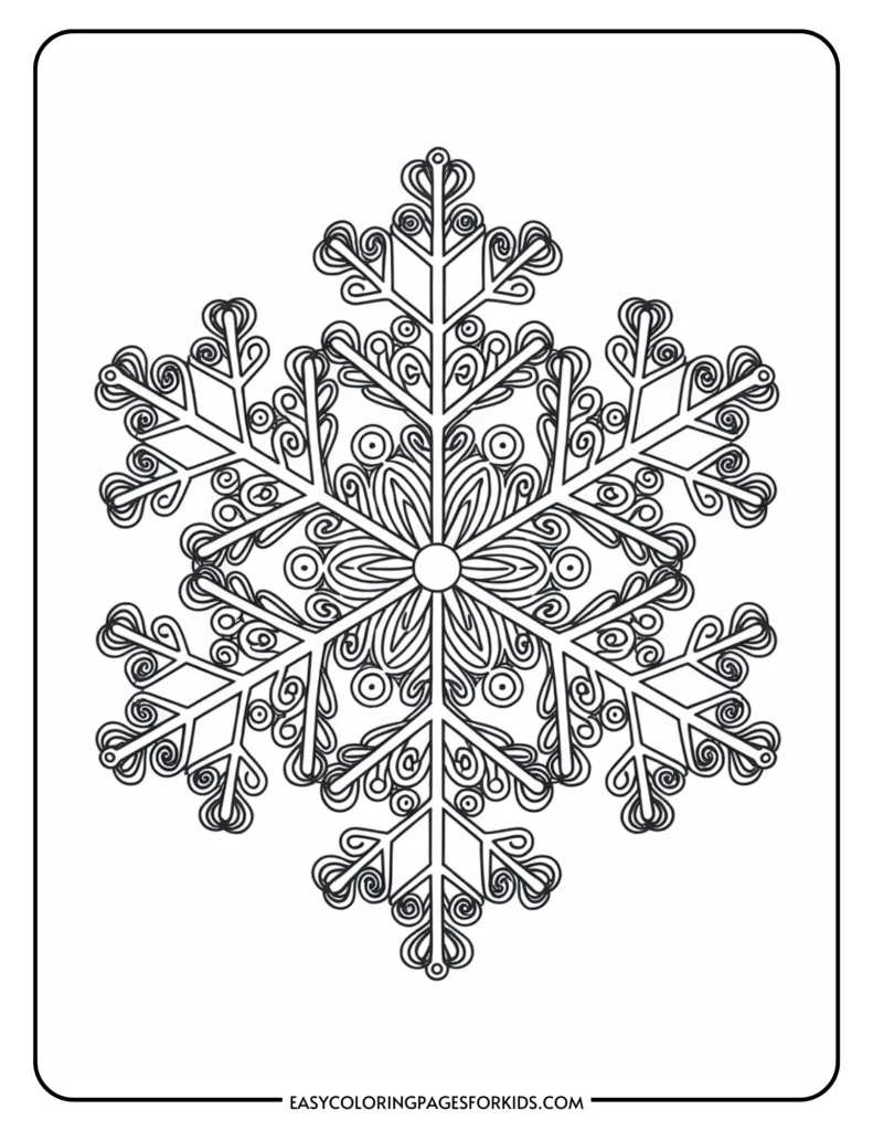 Intricate black and white snowflake coloring page designed for kids, featuring detailed patterns and shapes to enhance creativity and fine motor skills. Ideal for winter-themed art activities.