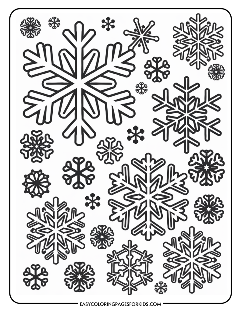 Black and white illustration of various snowflake designs, featuring intricate patterns and shapes, ideal for winter-themed projects and coloring activities.