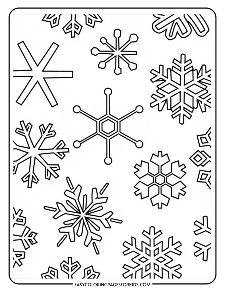 Black and white coloring page featuring various snowflake designs, ideal for kids' winter-themed art activities.