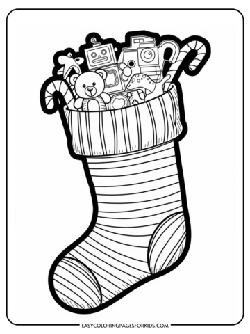 Coloring page featuring a festive Christmas stocking filled with toys, candy canes, and a teddy bear, designed for kids' holiday activities.