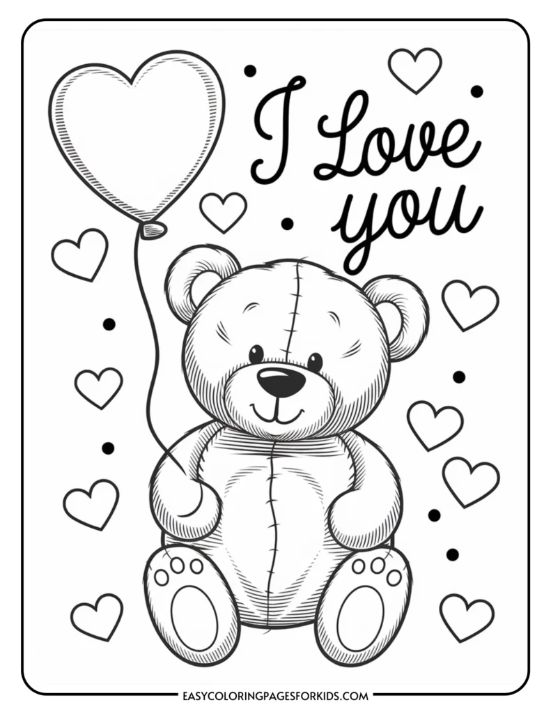 Coloring page featuring a cute teddy bear holding a heart-shaped balloon with the words "I Love You" and surrounding hearts, perfect for kids' art activities and Valentine's Day crafts.