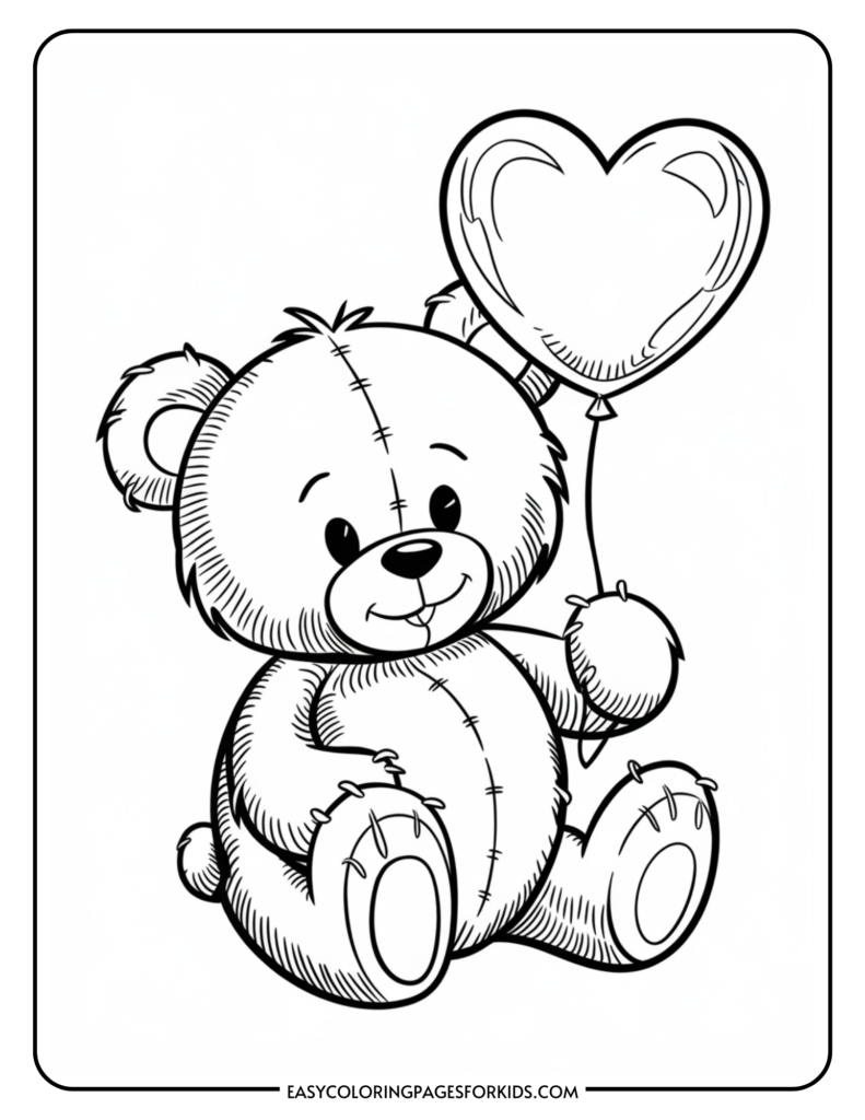 Cute teddy bear holding a heart-shaped balloon, designed as a coloring page for kids, featuring a stitched and plush appearance. Perfect for children's art activities and creative projects.