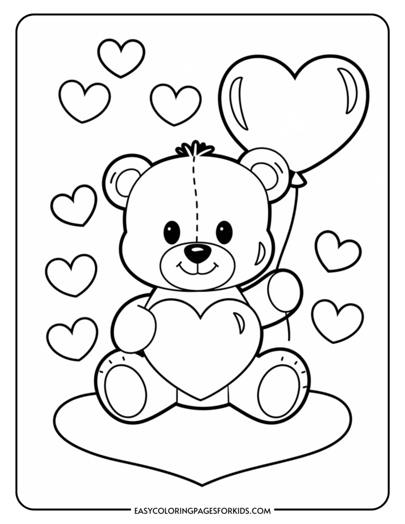 Cute teddy bear holding a heart-shaped balloon surrounded by hearts, perfect for kids' coloring activities. Ideal for Valentine's Day or love-themed crafts.