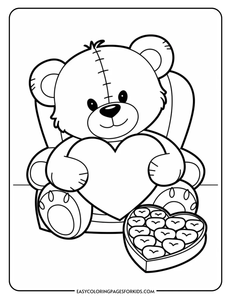 Coloring page featuring a cute teddy bear holding a heart while sitting in a chair, with a box of heart-shaped chocolates beside it. Ideal for kids' coloring activities.