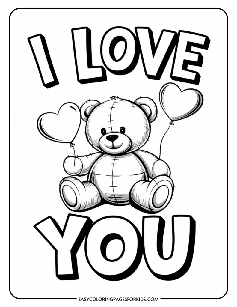 Coloring page featuring a cute teddy bear holding heart-shaped balloons with the text "I Love You." Ideal for children's art activities and expressing affection.