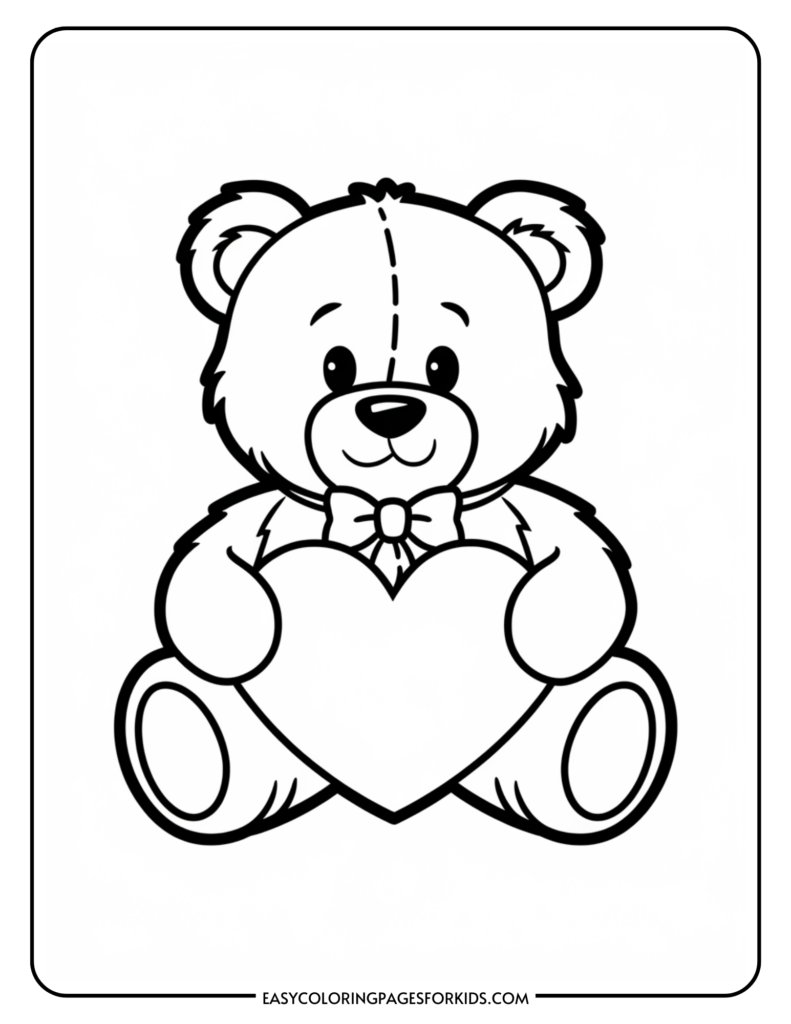 Cute teddy bear holding a heart, designed for kids' coloring activities, featuring a bowtie and friendly expression, perfect for educational and creative projects.