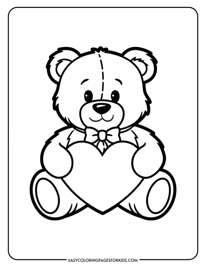 Cute teddy bear holding a heart, designed for kids' coloring activities, featuring a bowtie and friendly expression, perfect for educational and creative projects.