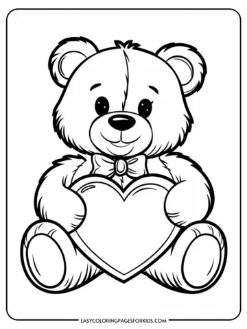 Cute teddy bear holding a heart, designed as a coloring page for kids, featuring a friendly expression and a bow tie, perfect for children's art activities.