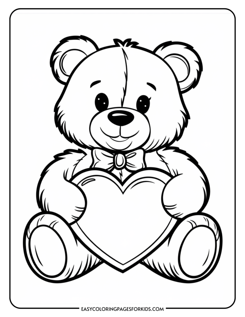 Cute teddy bear holding a heart, designed as a coloring page for kids, featuring a friendly expression and a bow tie, perfect for children's art activities.