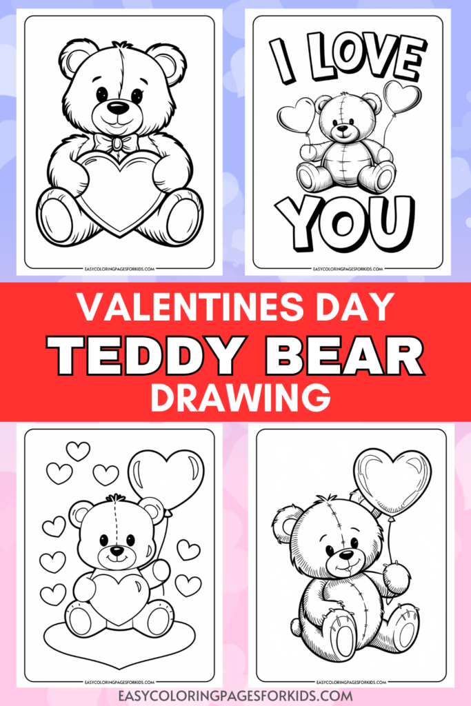 Valentine's Day teddy bear coloring pages featuring cute bear illustrations holding hearts and expressing love, perfect for kids' activities and creativity.